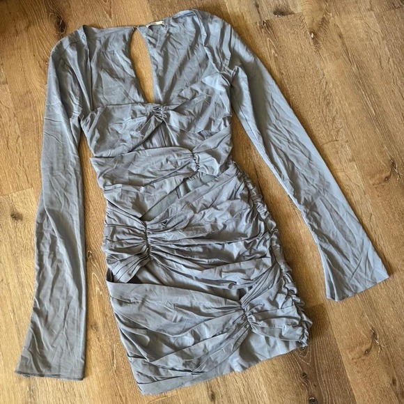 House of CB Blue CAMILLE Dove Grey Real Silk Mini Dress size Medium - Picture 2 of 6